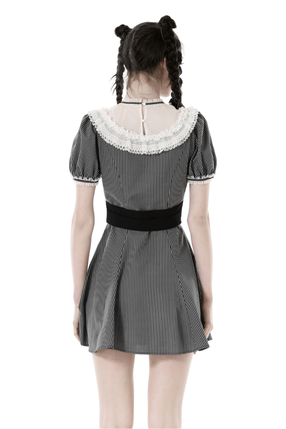 Back view of a vintage striped dress with lace collar and bow detail, showcasing its elegant and feminine silhouette.