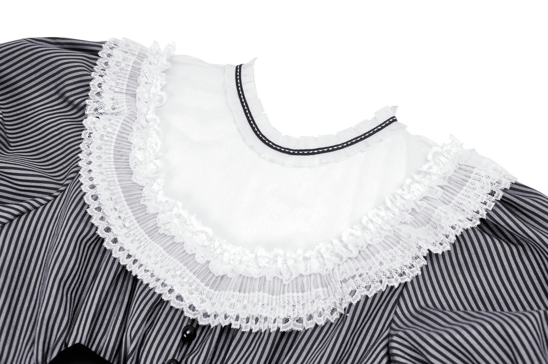 Close-up of vintage striped dress neck with white lace collar and black trim, showcasing classic elegance and feminine detail.