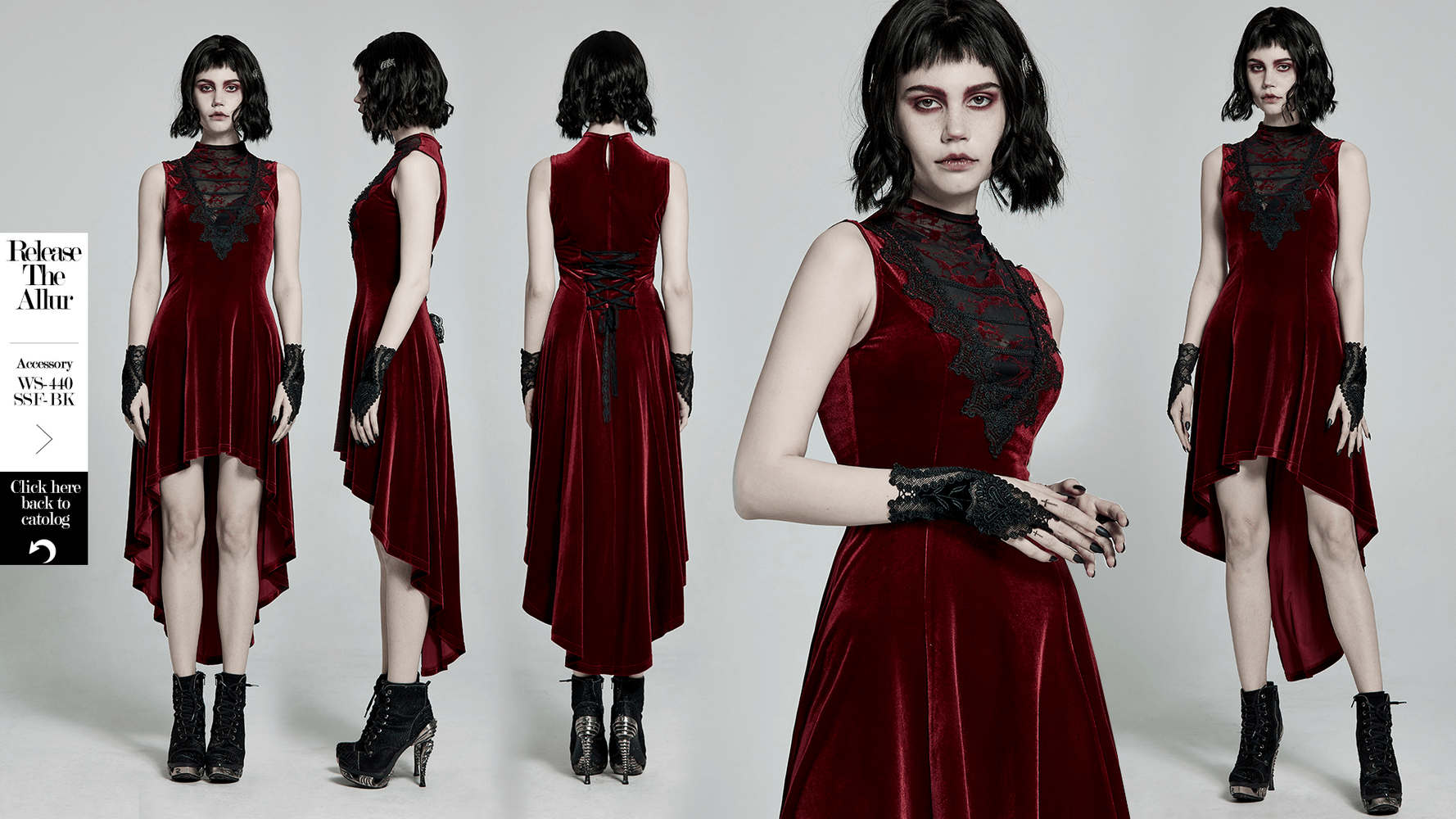 Vintage red velvet dress with lace detail, high-low design, and gothic style, showcasing elegance and allure.
