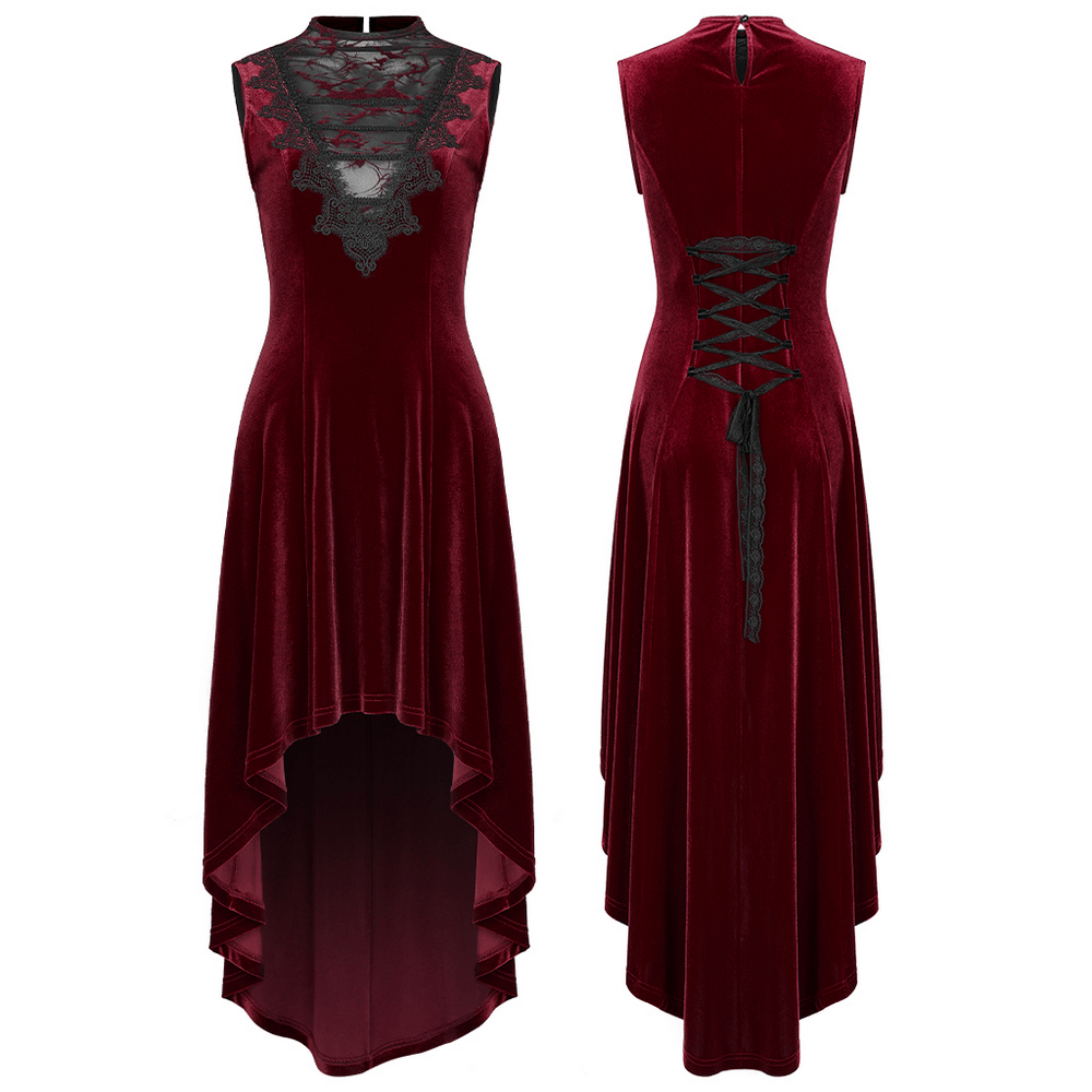 Vintage style red velvet high-low dress with lace detail and figure-hugging silhouette.