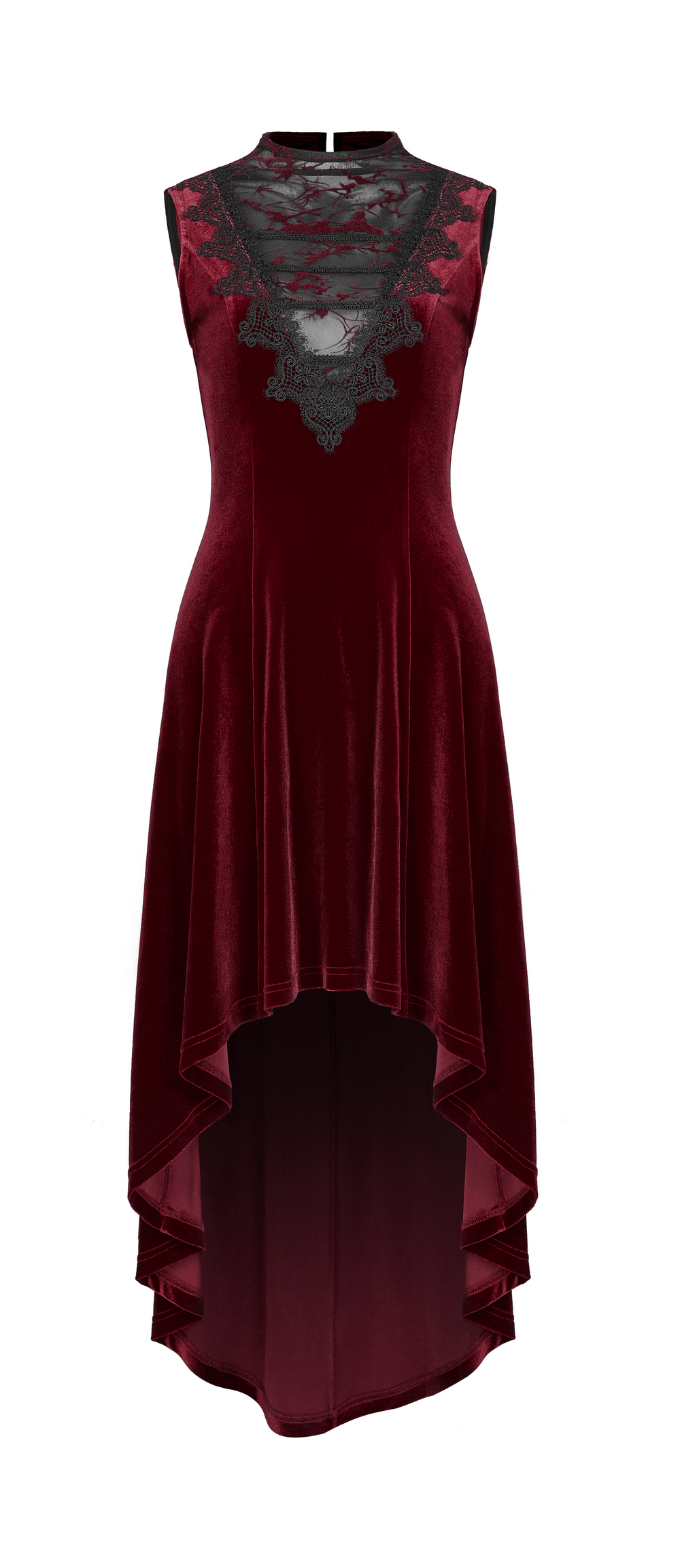 Vintage red velvet high-low dress with lace detail, perfect for a gothic-inspired look.