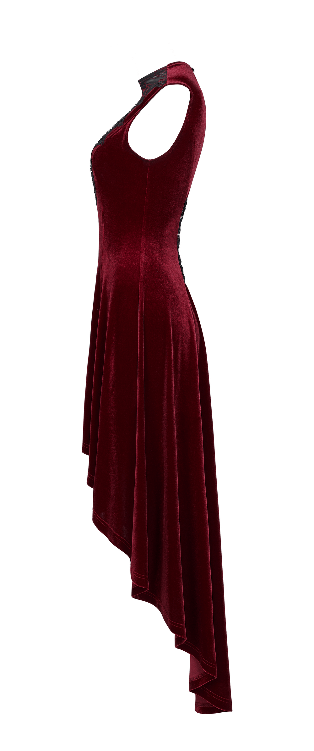 Vintage red velvet high-low dress with lace detail, showcasing a figure-hugging silhouette and elegant design.