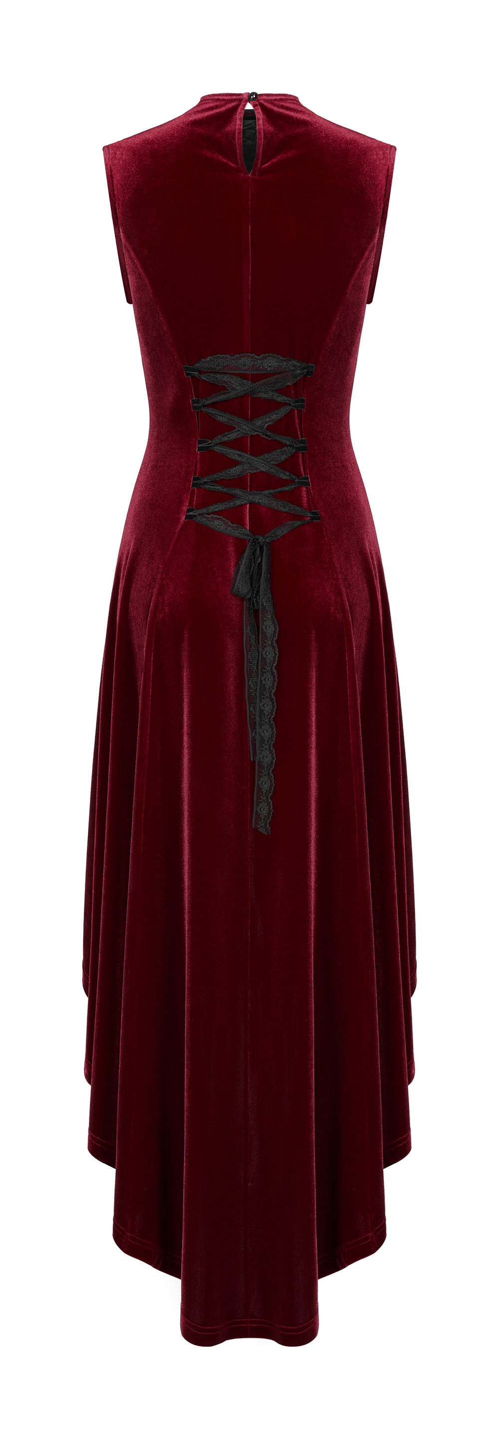 Back view of a vintage red velvet high-low dress with lace-up detail and a smooth silhouette.
