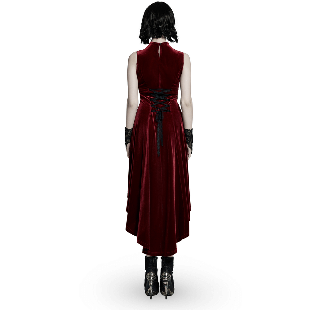 Back view of a vintage-inspired red velvet dress with lace detail and high-low hemline, showcasing a Gothic style.