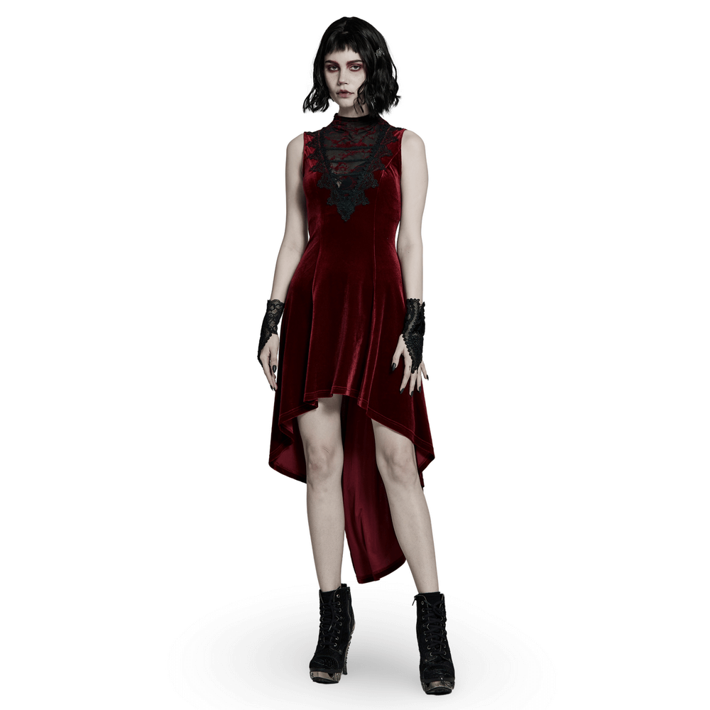 Vintage-style red velvet dress with lace detail, high-low design, perfect for gothic fashion enthusiasts.