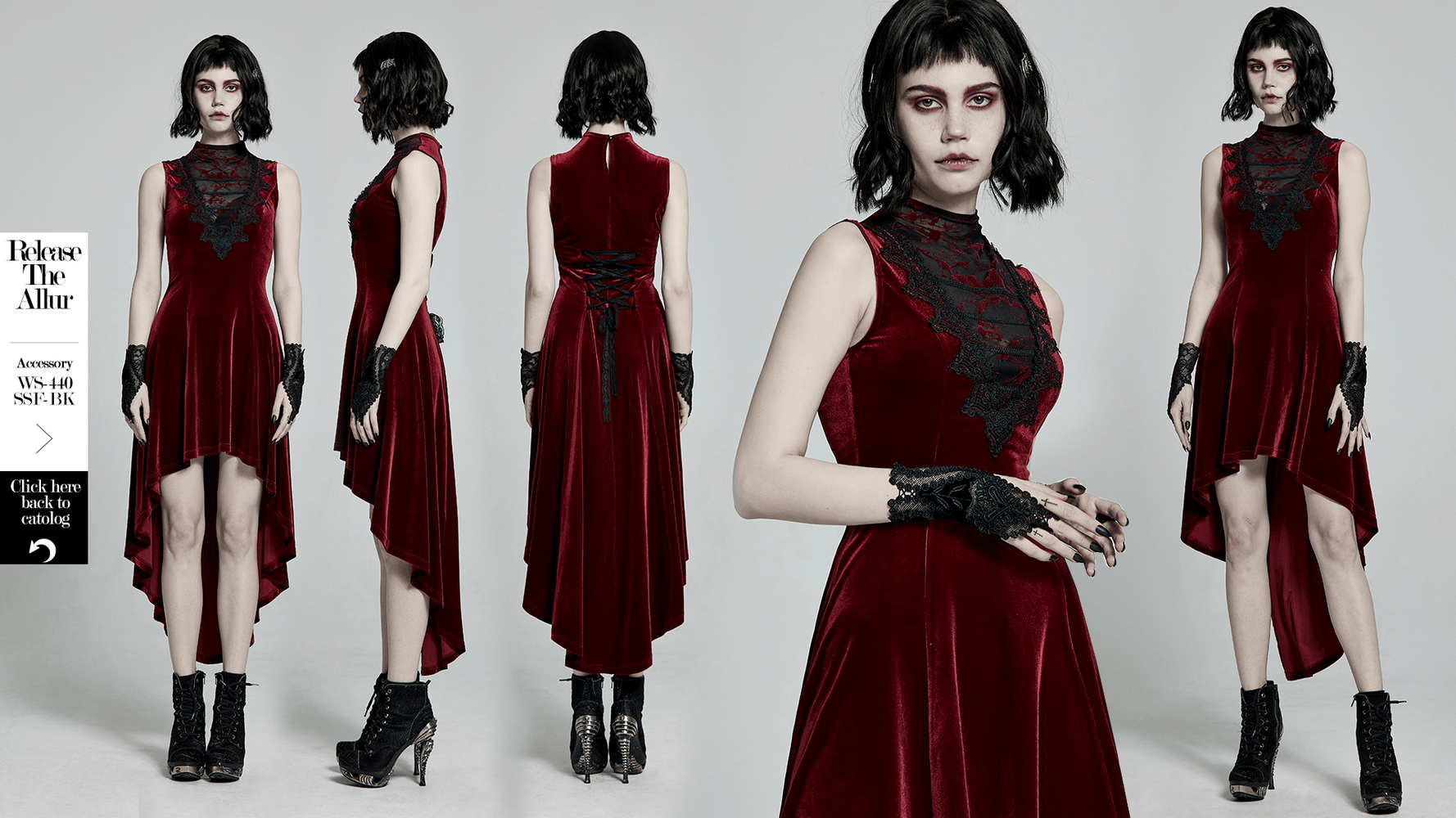 Vintage Style Red Velvet Dress With Lace Detail - HARD'N'HEAVY
