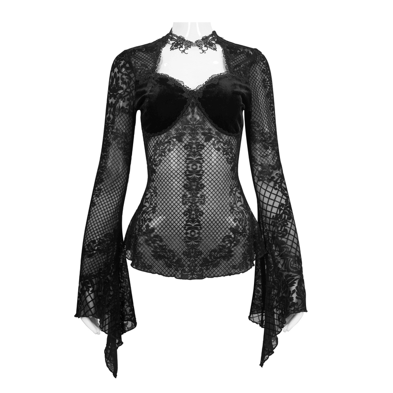 Vintage transparent black lace shirt with trumpet sleeves, perfect for a Gothic-inspired outfit.