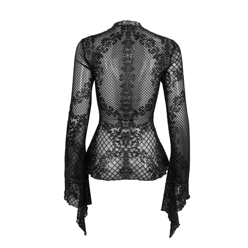 Back view of a vintage black lace blouse with long trumpet sleeves, showcasing intricate gothic design and transparent fabric.