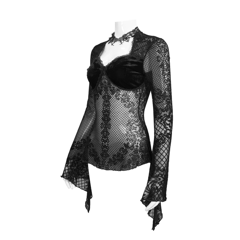 Vintage Gothic black lace shirt with long trumpet sleeves and hook closure, showcasing transparent fabric and elegant design.