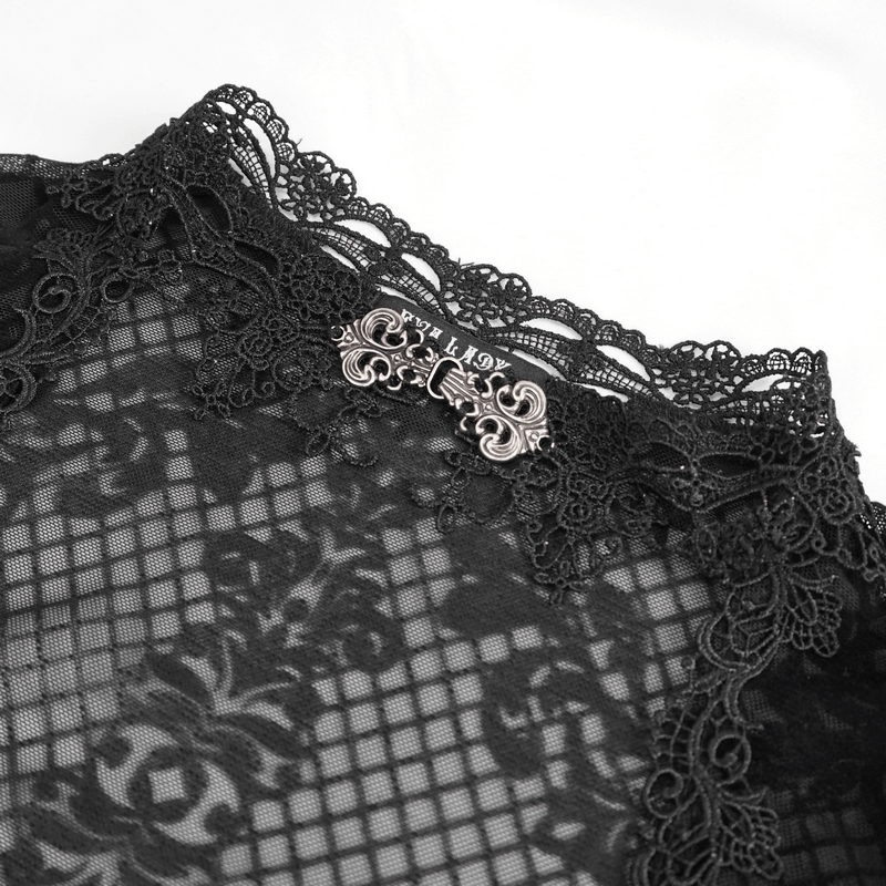 Close-up of vintage gothic black lace shirt neckline with intricate lace detail and hook closure.