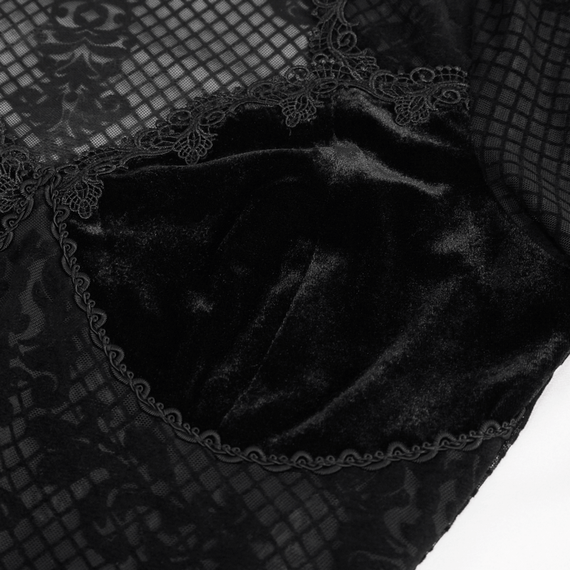 Close-up of vintage Gothic black lace shirt showing intricate fabric patterns and velvet details.