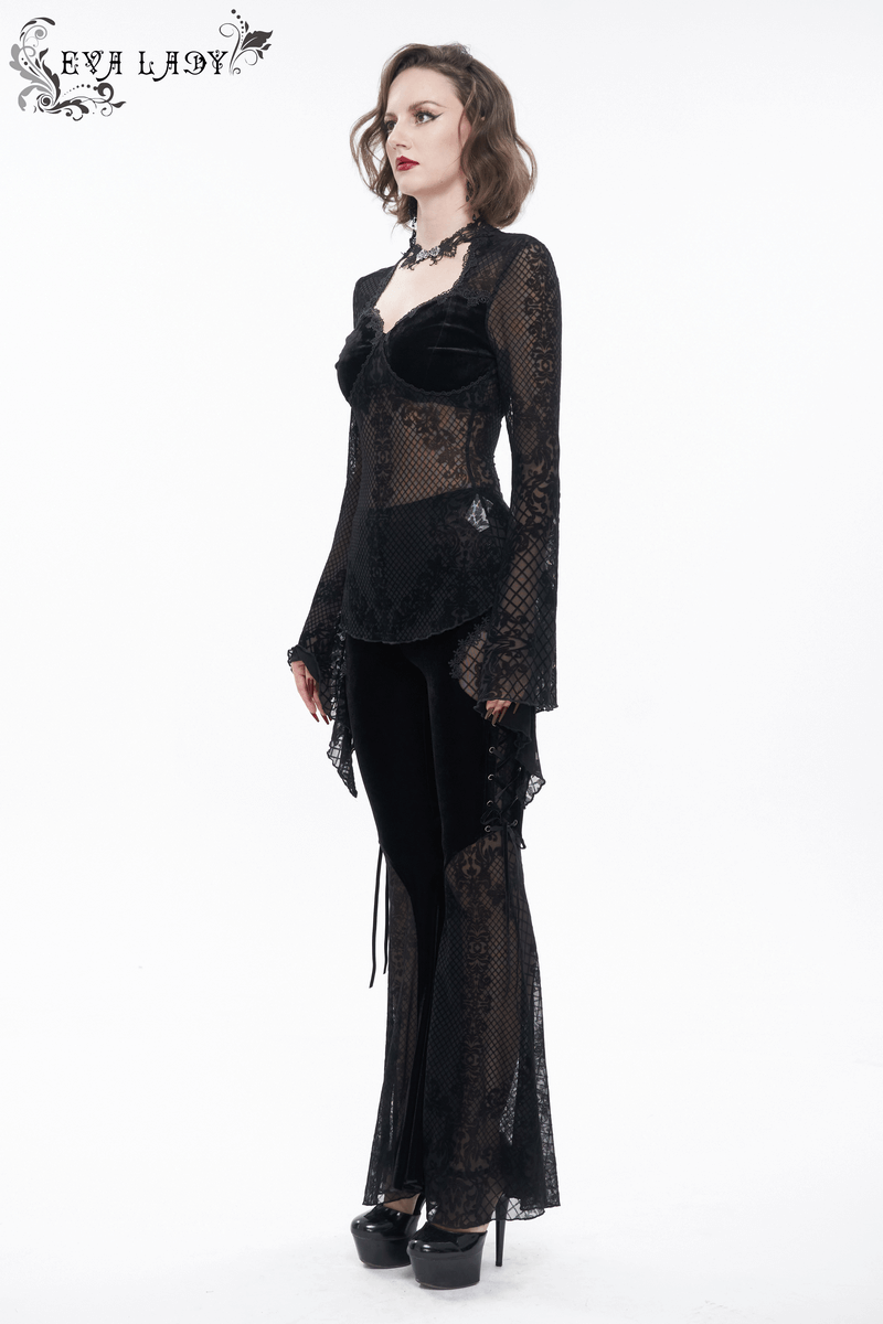 Vintage black lace shirt with trumpet sleeves, perfect for a Gothic wardrobe, featuring elegant lace details and a fitted silhouette.