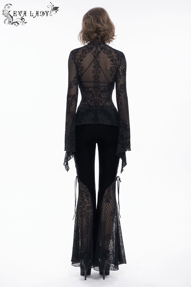 Back view of a women's vintage black lace Gothic shirt with trumpet sleeves, showcasing intricate lace details.