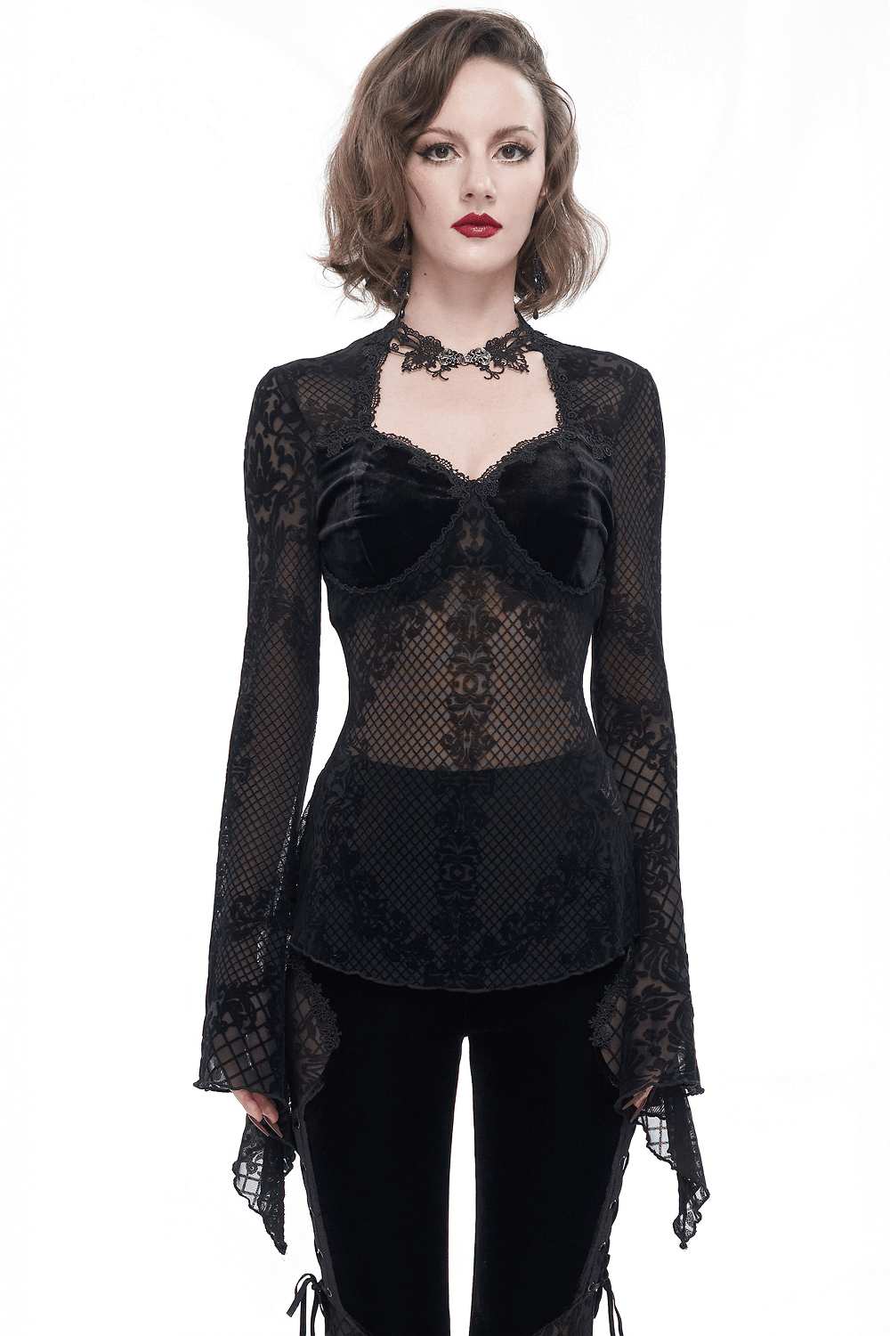 Women’s vintage Gothic black lace shirt with trumpet sleeves and hook closure, adding elegance and style.