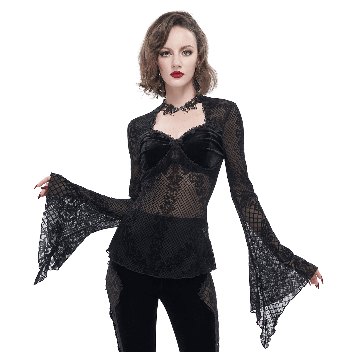 Elegant vintage black lace shirt with long trumpet sleeves, perfect for a gothic and stylish look.