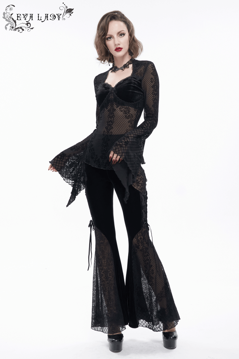 Vintage Gothic black lace shirt with trumpet sleeves and velvet pants, perfect for an elegant evening look.