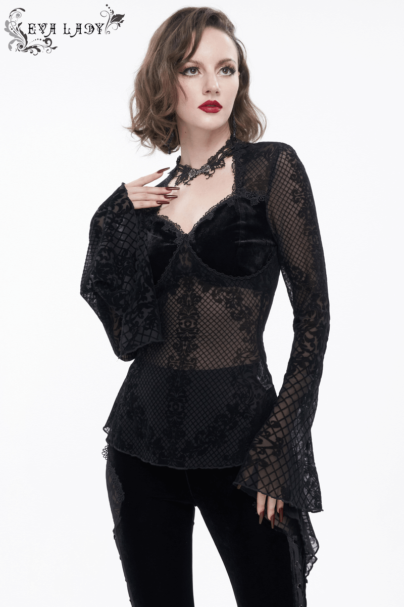Women's vintage black lace blouse with long trumpet sleeves and hook closure, perfect for a Gothic-inspired look.