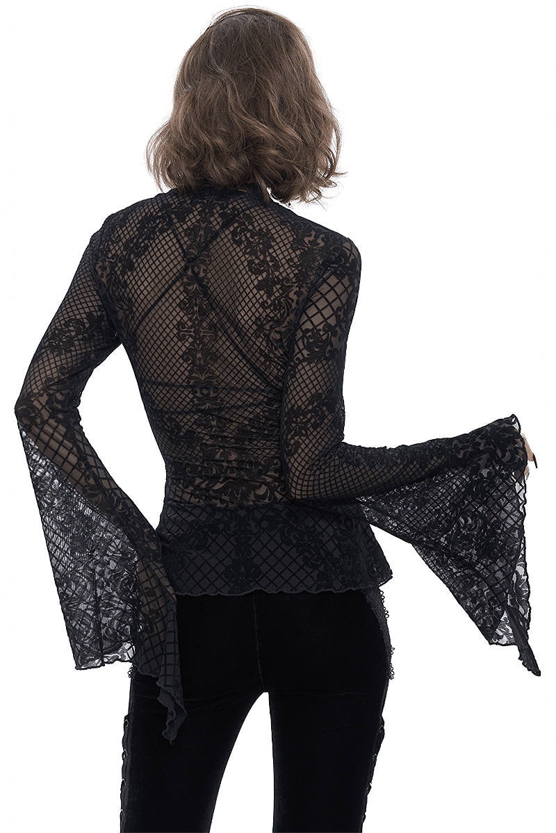 Back view of a women's black Gothic lace blouse with transparent trumpet sleeves and elegant detailing.