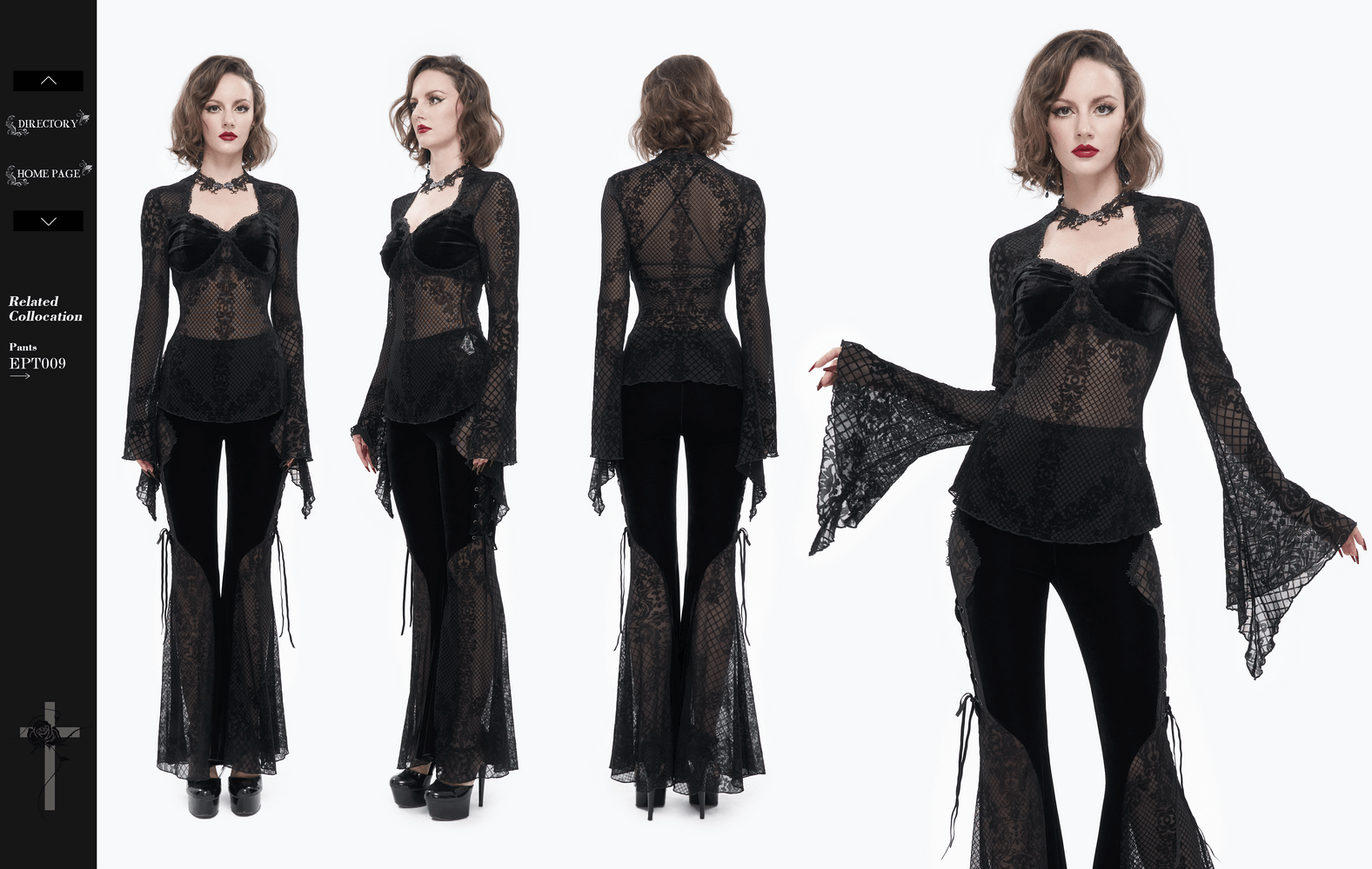 Women's vintage gothic black lace shirt with trumpet sleeves and hook closure, perfect for a stylish wardrobe.