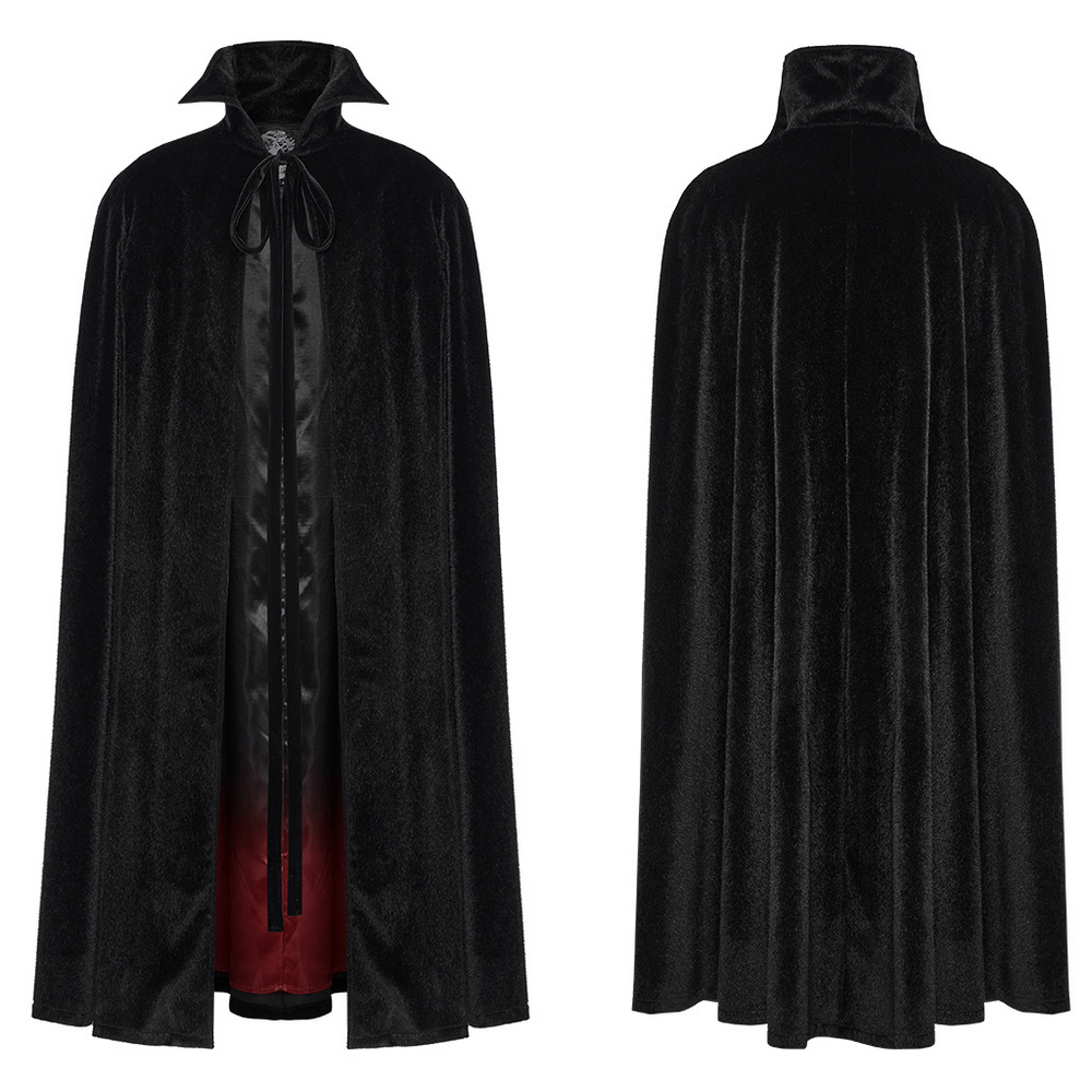 Vintage black vampire cape with red lining and bat collar, perfect for gothic and Halloween costumes.