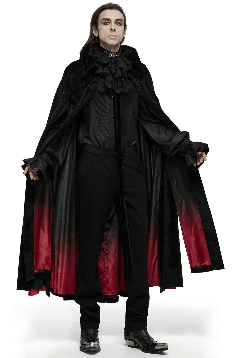 Vintage vampire cape with red lining and bat collar, perfect for gothic and Halloween costumes.