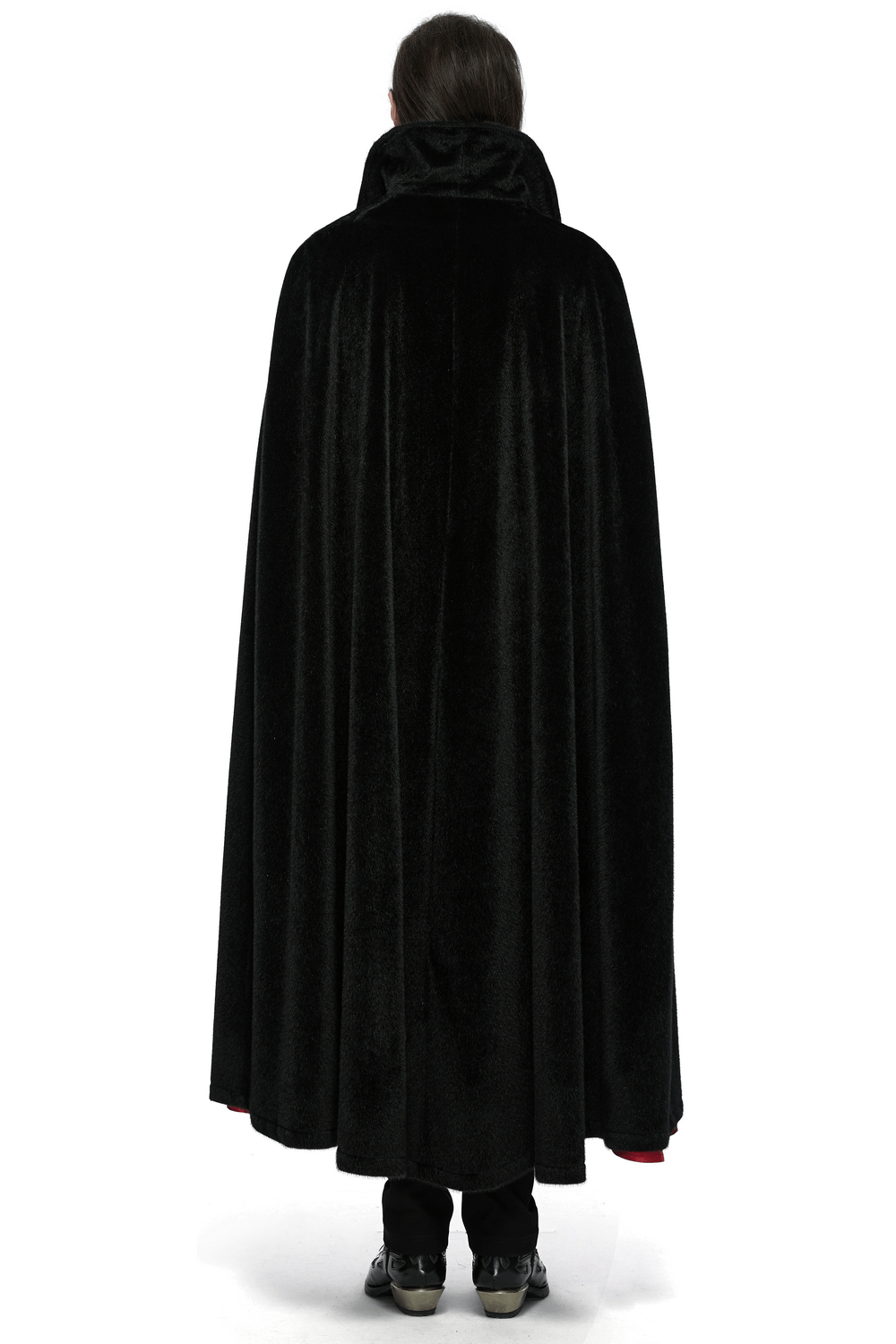 Vintage vampire cape with red lining and bat collar, perfect for gothic and Halloween costumes.