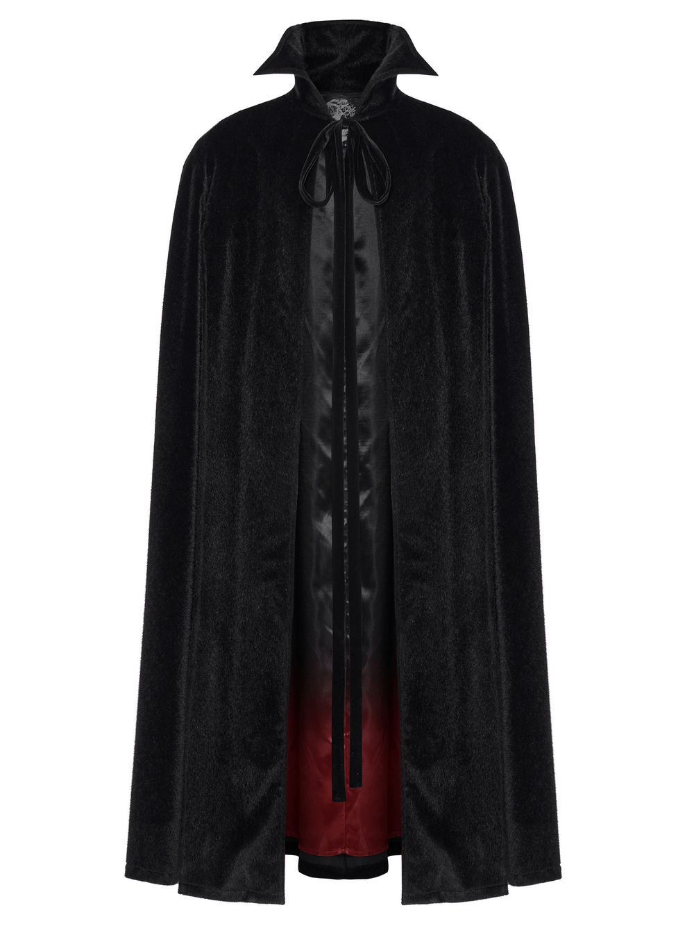 Vintage vampire cape with red lining and bat collar, perfect for gothic and Halloween costumes.