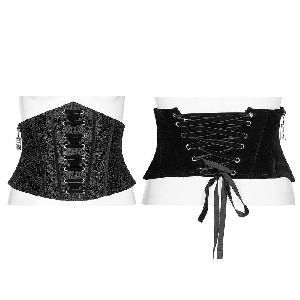 Vintage velvet cincher belt with lace-up back and zipper, showcasing elegant rose lace and retro design.