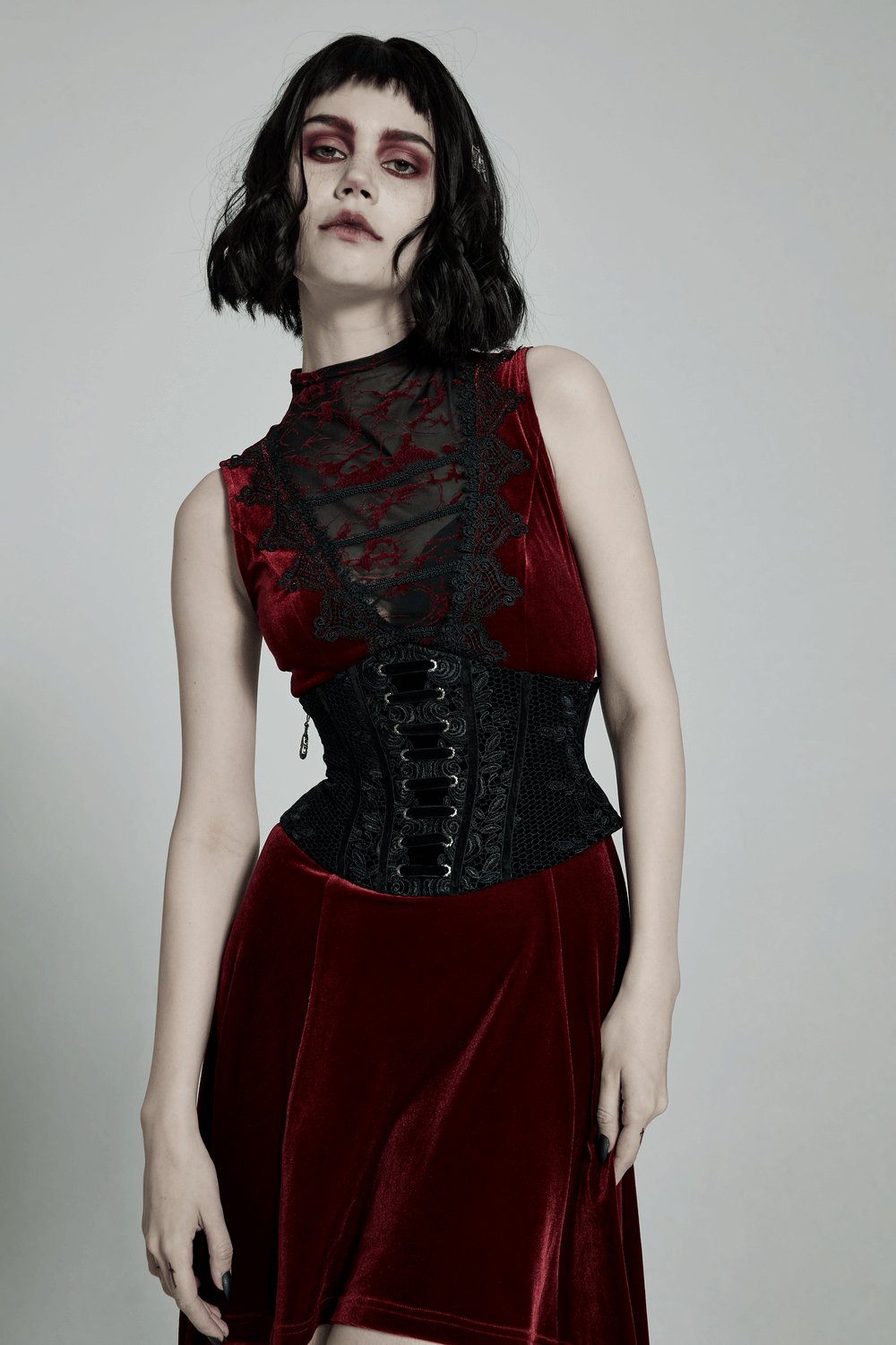 Vintage Velvet Cincher With Lace-Up Back And Zipper
