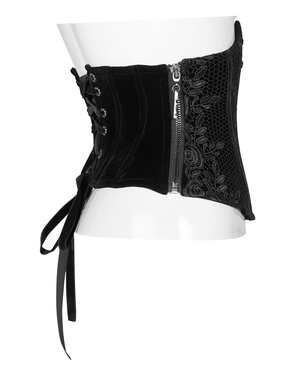 Vintage velvet cincher belt with lace-up back and zipper, featuring rose lace detailing for a gothic elegance.