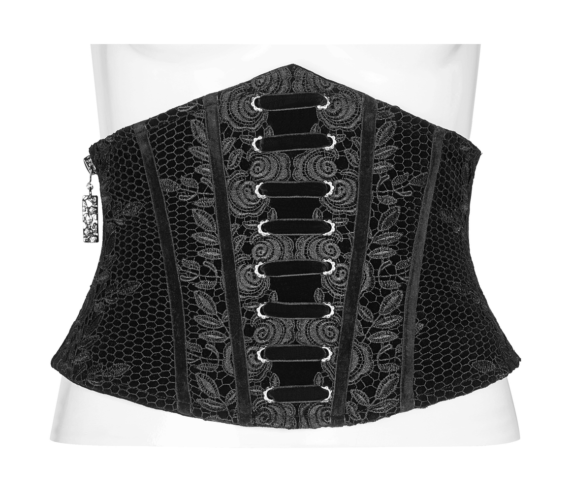 Vintage velvet cincher belt with intricate rose lace and zipper, perfect for gothic elegance.