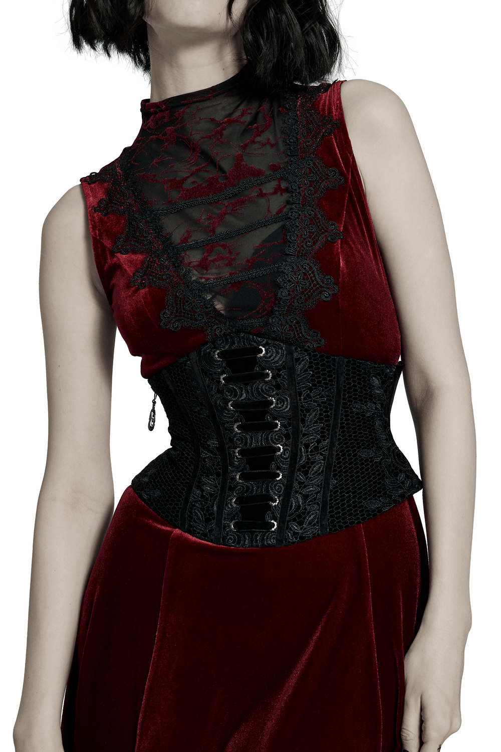Elegant vintage velvet cincher with lace-up back and zipper, adorned with intricate rose lace details.