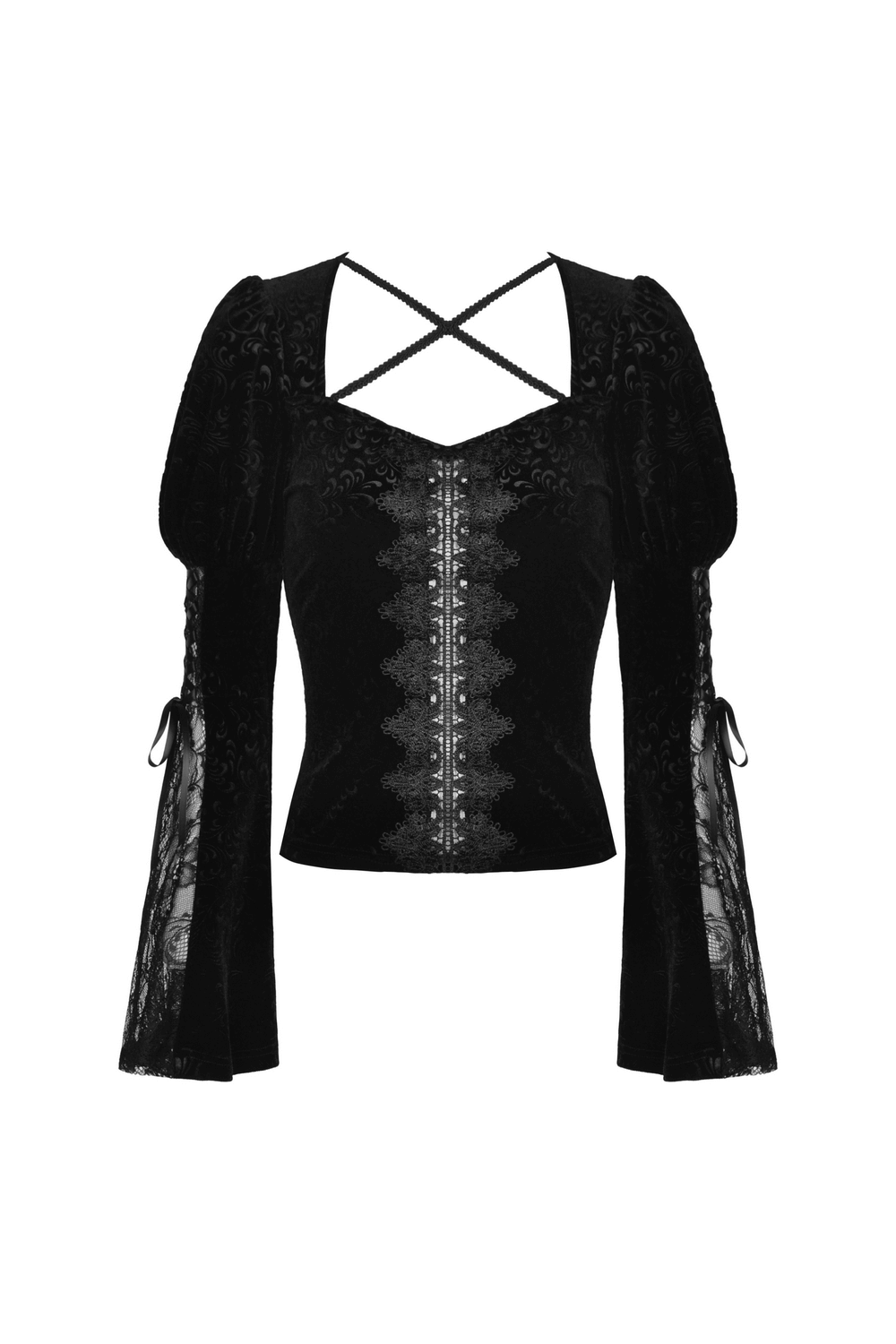 Vintage Velvet Cropped Top with Sheer Lace Bell Sleeves