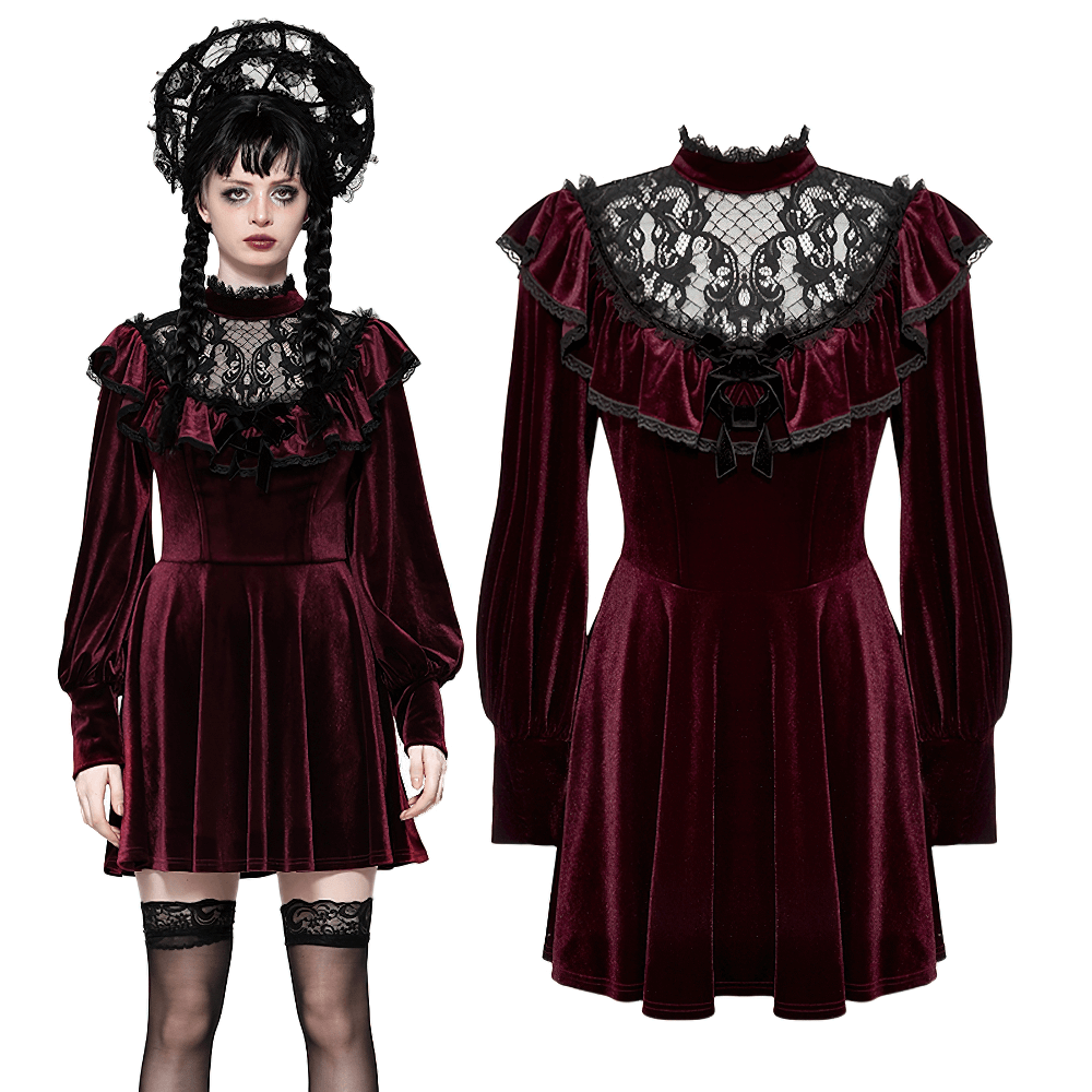 Gothic vintage velvet mini dress with black lace trim, ruffles, and puff sleeves in burgundy.