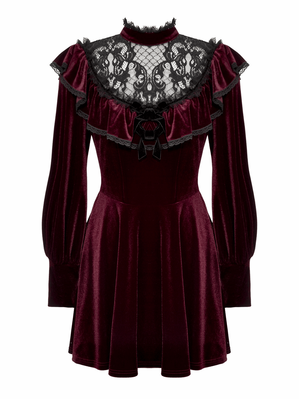 Gothic burgundy velvet mini dress with black lace yoke, ruffles, and puff sleeves. Vintage charm meets modern elegance.