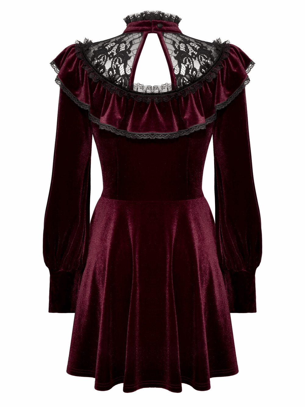 Gothic vintage velvet mini dress in burgundy, featuring black lace trim, ruffles, and puff sleeves for elegant allure.