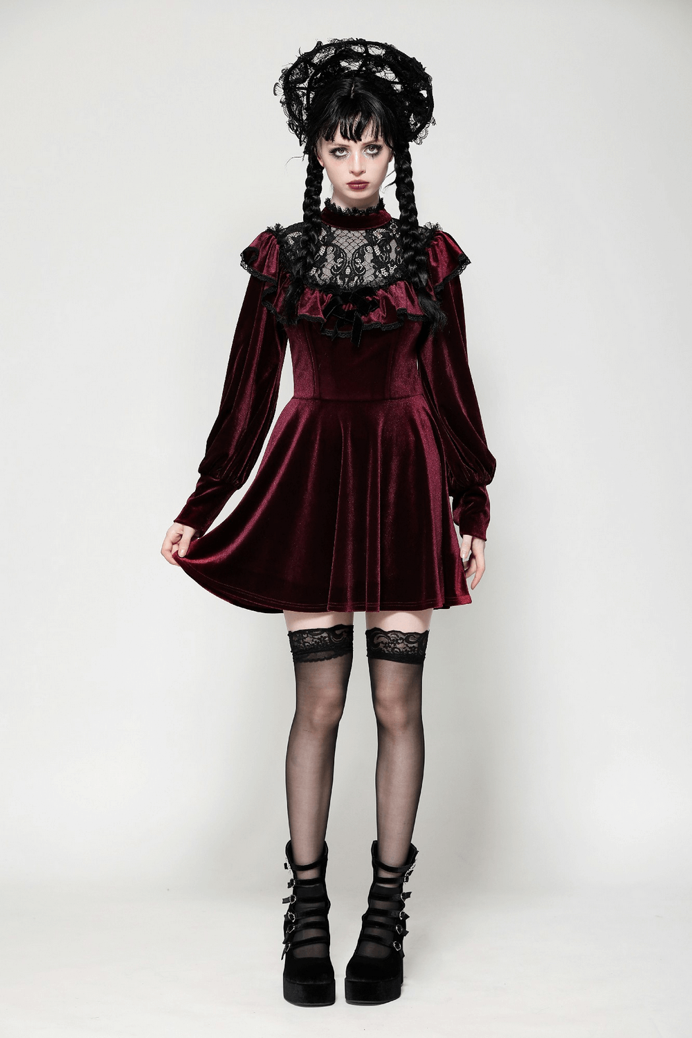 Gothic velvet mini dress with black lace and ruffles, featuring puff sleeves and a burgundy fabric for vintage-inspired elegance.