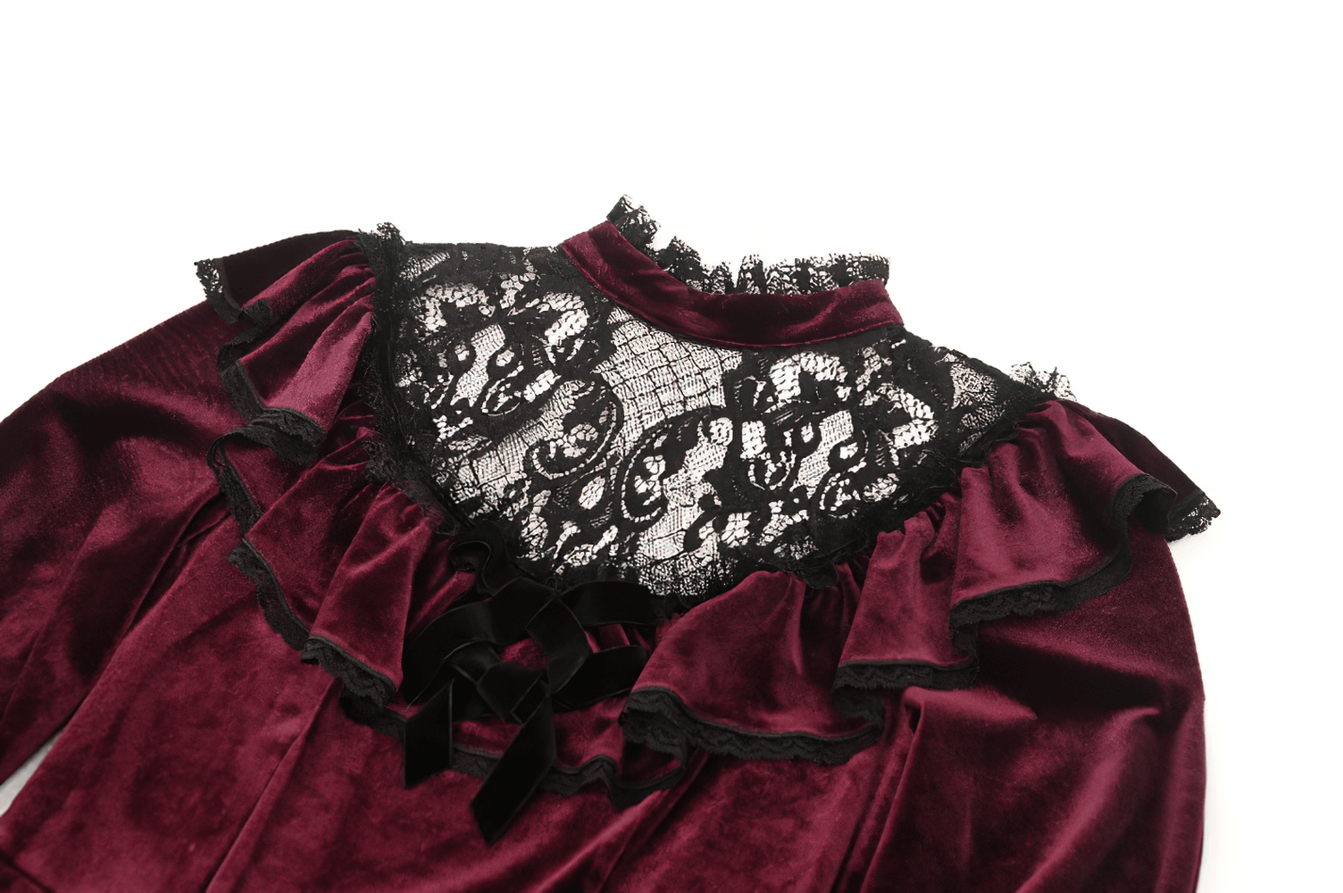 Burgundy velvet dress with black lace yoke, ruffles, and puff sleeves, showcasing gothic vintage charm.