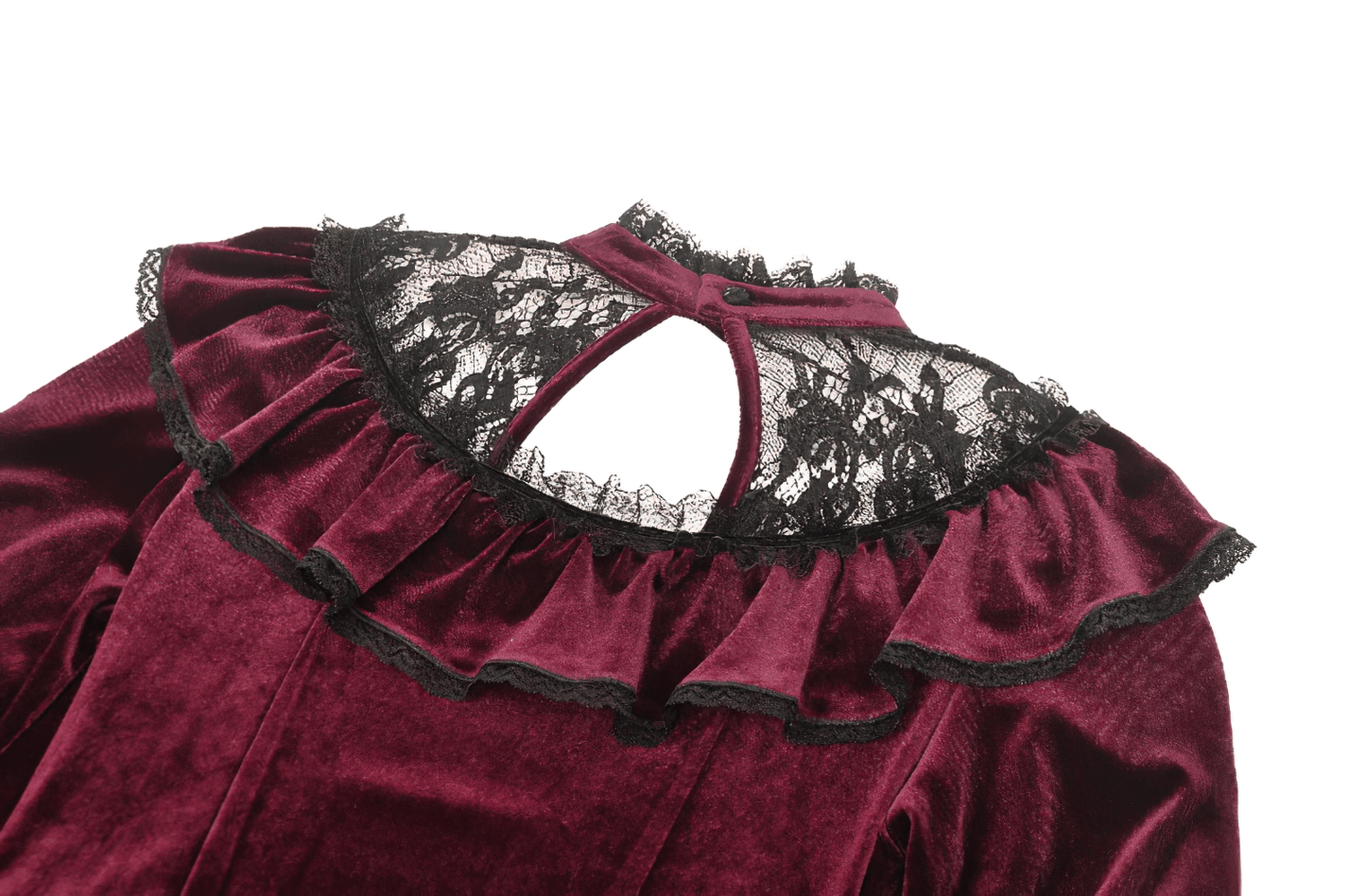 Gothic burgundy velvet dress with black lace yoke, ruffles, and a high neckline; vintage-inspired elegance.