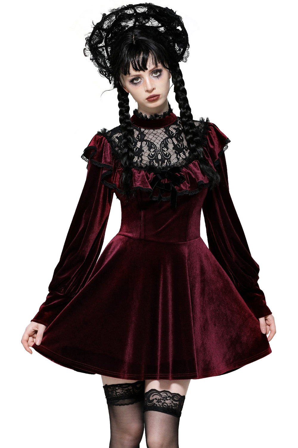 Gothic velvet mini dress with black lace yoke, ruffles, and puff sleeves in burgundy, perfect for vintage-inspired elegance.