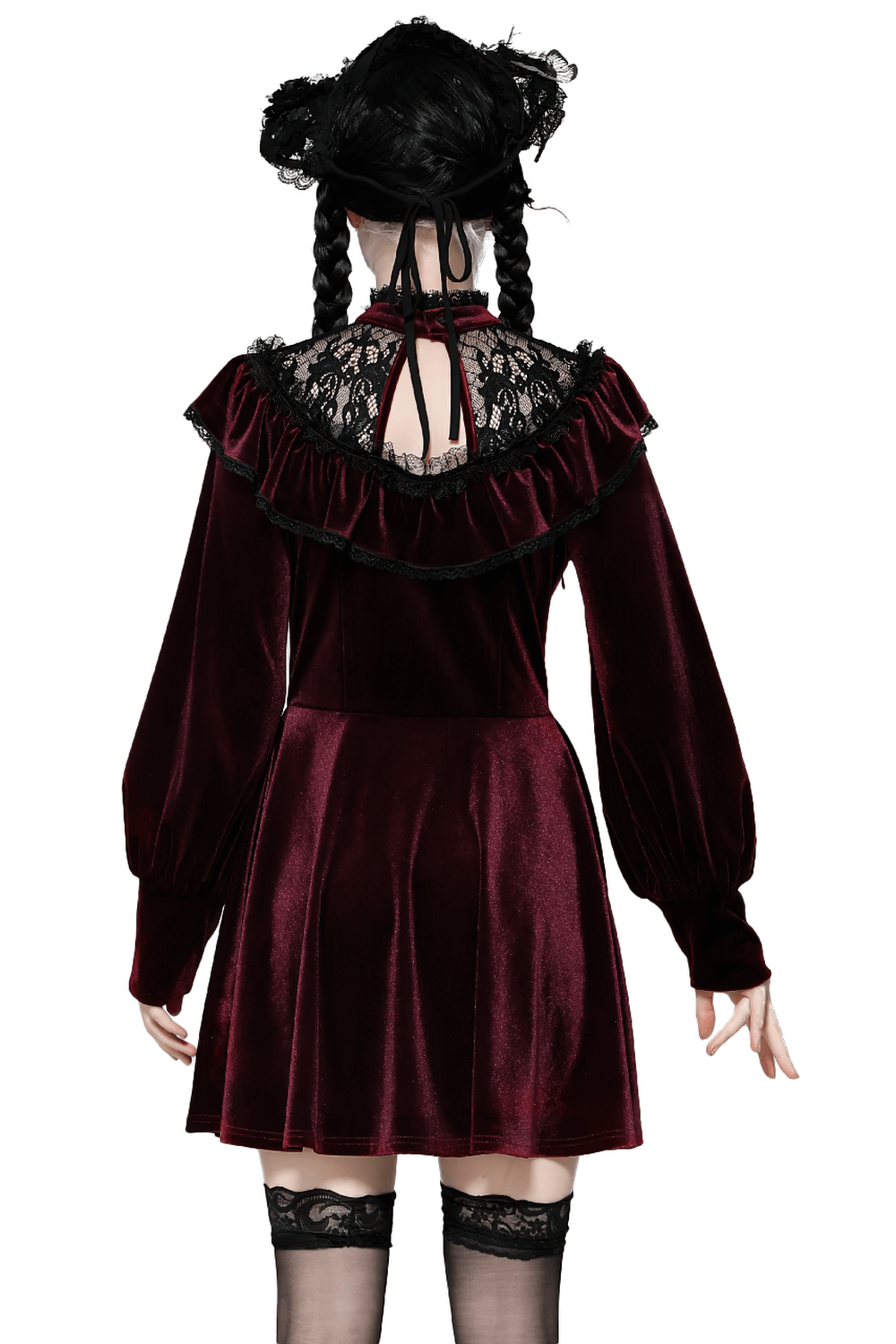 Back view of a vintage velvet dress with black lace trim, ruffles, and puff sleeves in burgundy. Perfect for gothic style.