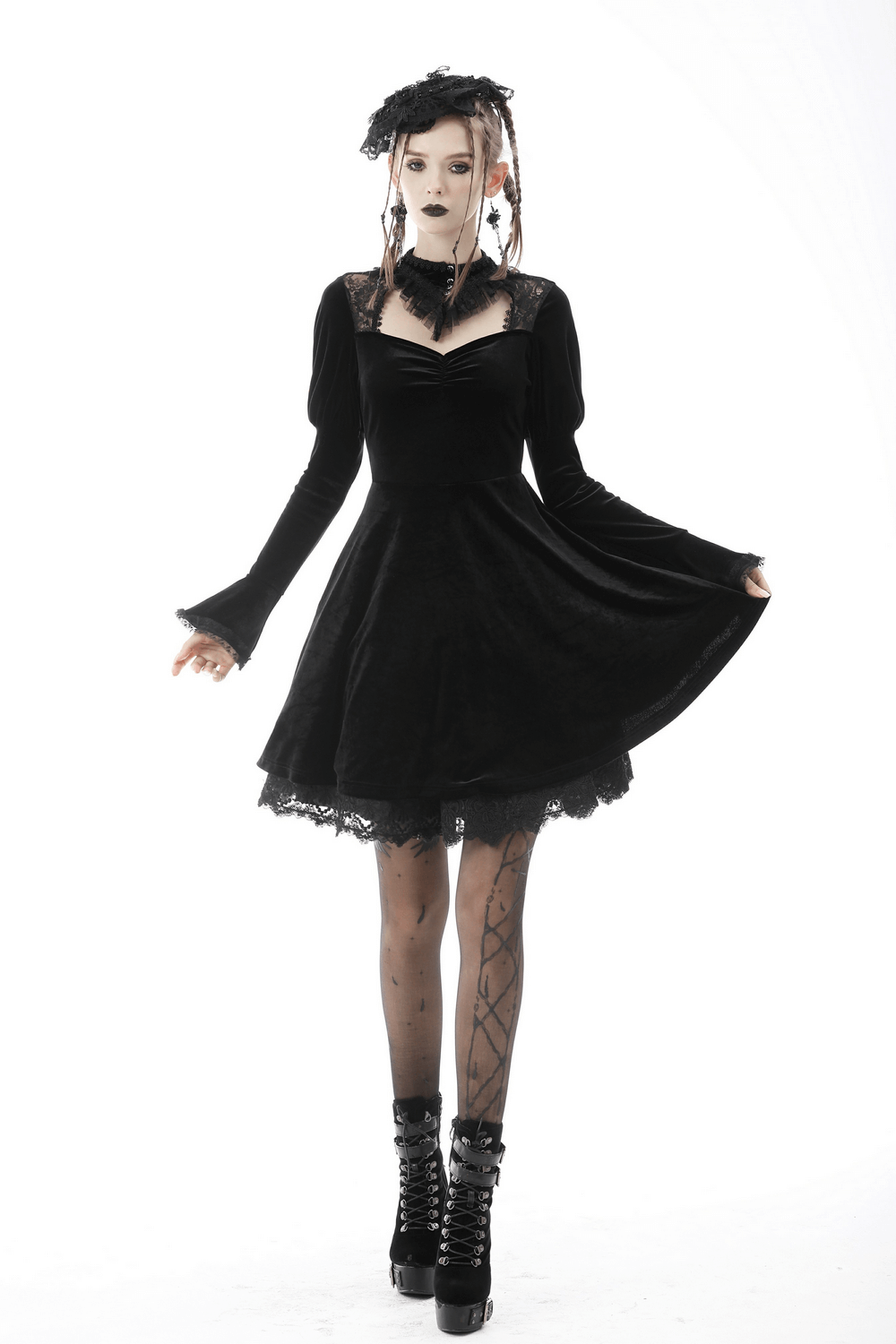 Vintage Velvet Mini Dress with Lace Collar and Long Sleeves