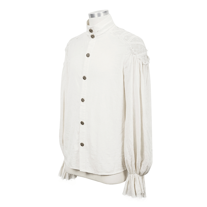 Vintage white long sleeve shirt with buttons, ruffles, and flared cuffs in gothic style for men.