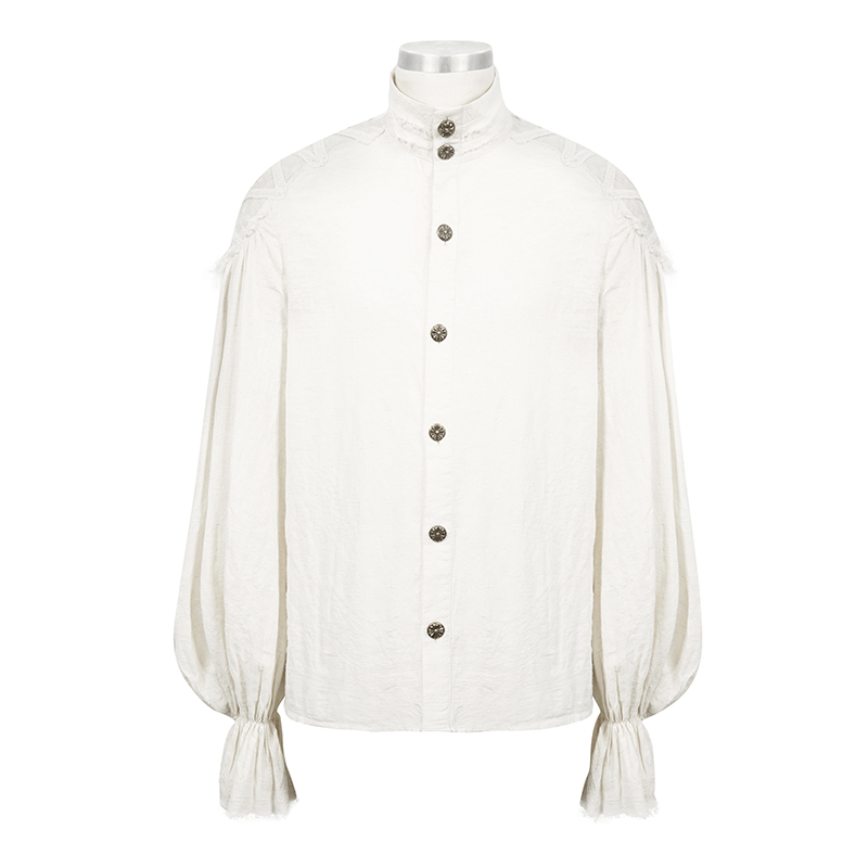 Vintage white gothic shirt for men with buttons and flared cuffs, featuring elegant ruffles and a retro style.