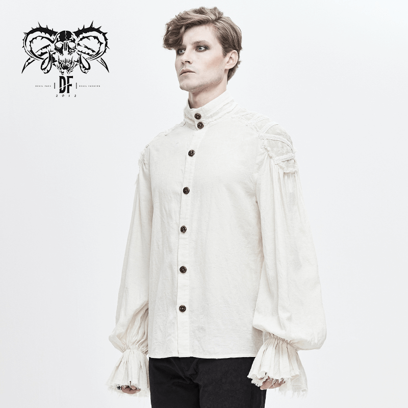 Vintage white long sleeve men's shirt with buttons and flared cuffs in gothic style.