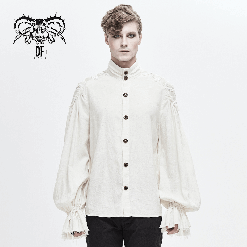 Vintage White Long Sleeves Shirt with Buttons in Front / Gothic Style Men's Shirt with Flared Cuffs - HARD'N'HEAVY