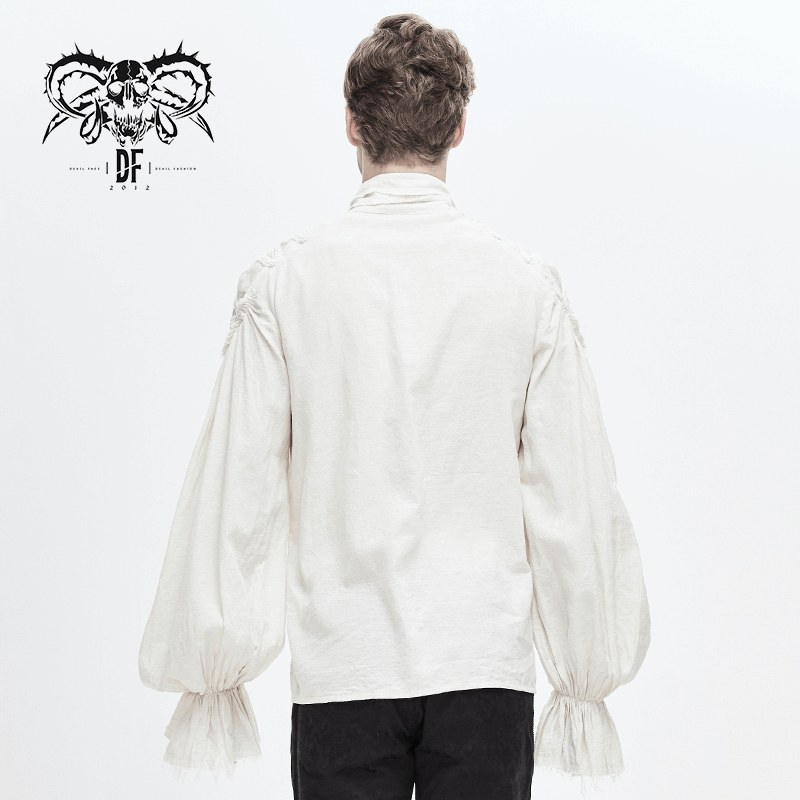 Back view of men's vintage white gothic shirt with flared cuffs and ruffles, stylish and elegant.
