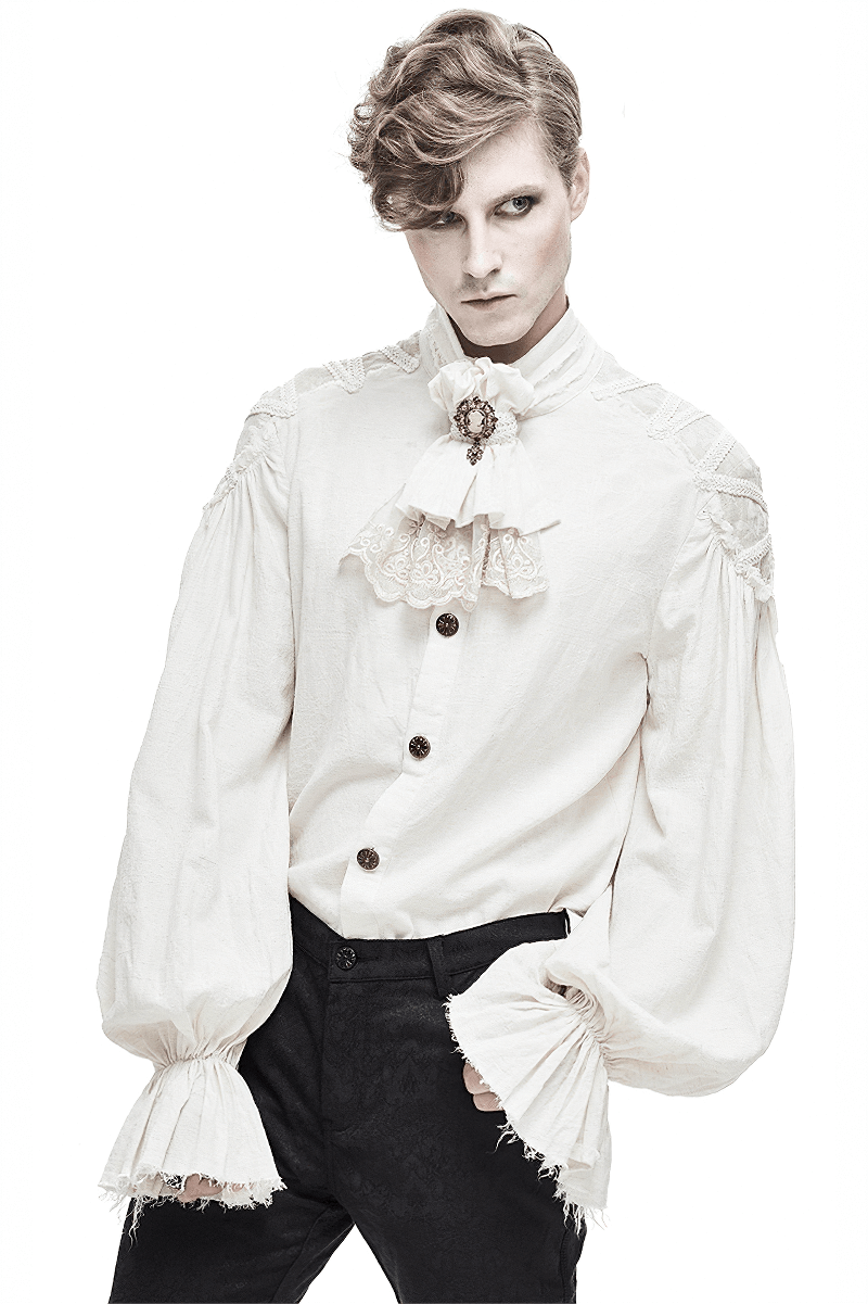 Vintage White Long Sleeves Shirt with Buttons in Front / Gothic Style Men's Shirt with Flared Cuffs - HARD'N'HEAVY