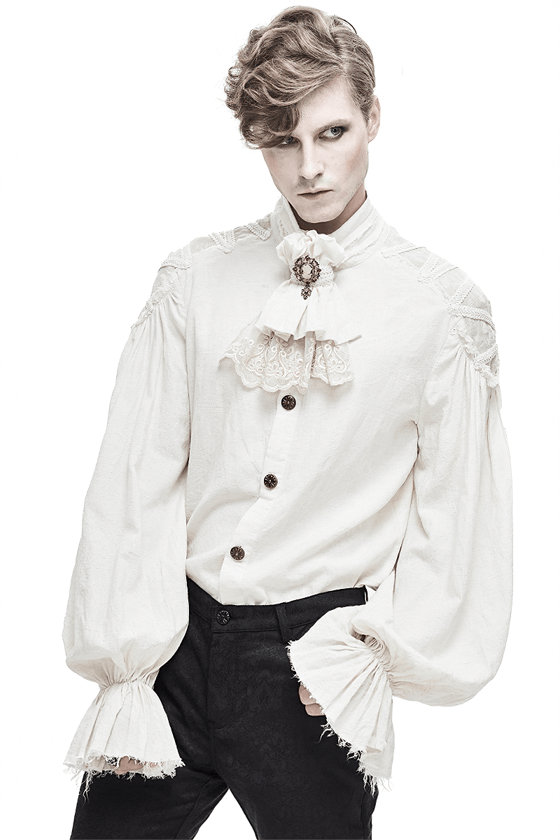 Vintage white long sleeve men's shirt with flared cuffs and buttons, showcasing gothic style and ruffles.