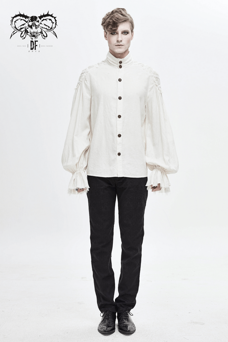 Vintage white long sleeve gothic shirt with buttons and flared cuffs, perfect for a stylish retro look.